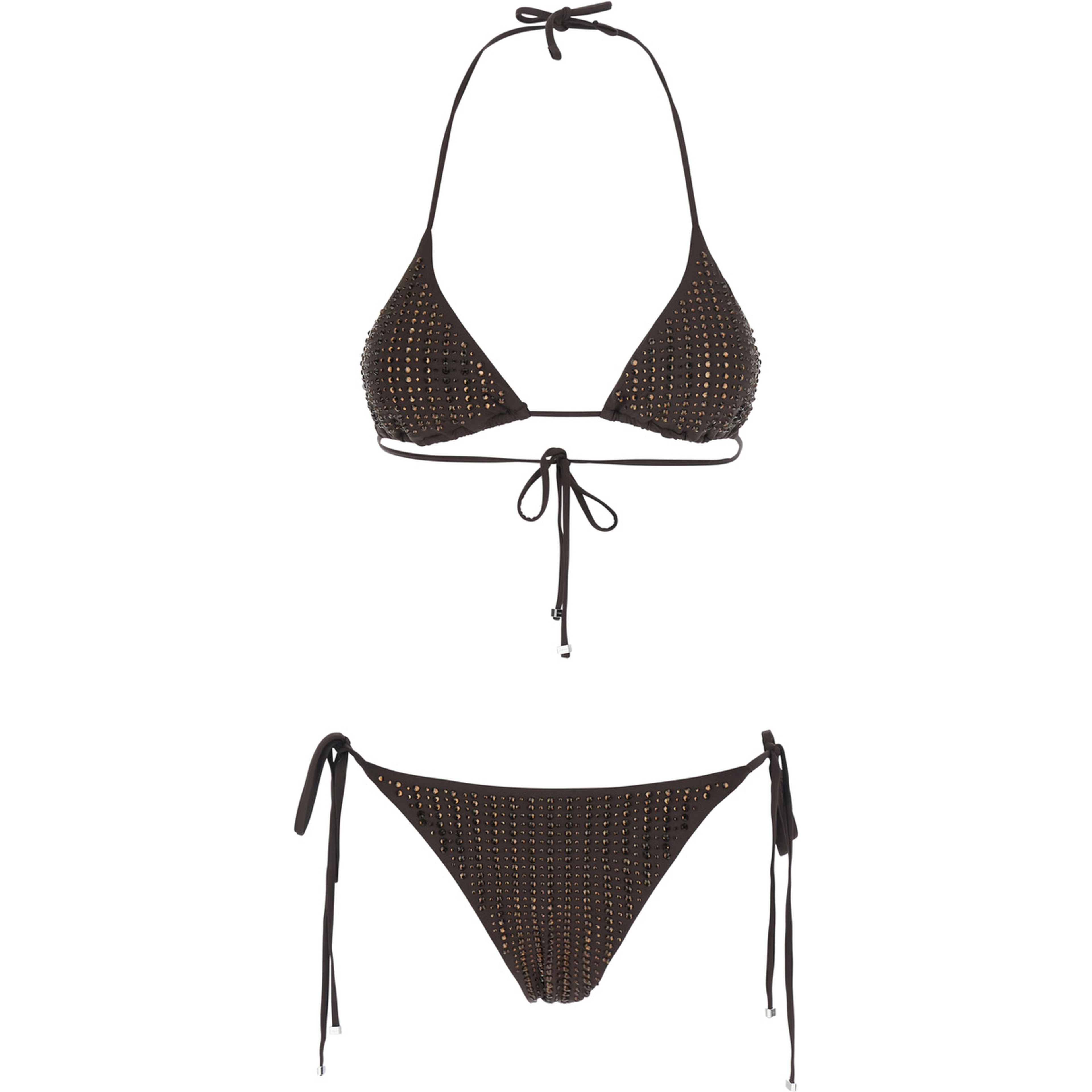 Brown Brown Bikini with adjustable tie closure and all-over sequins in tech fabric for women