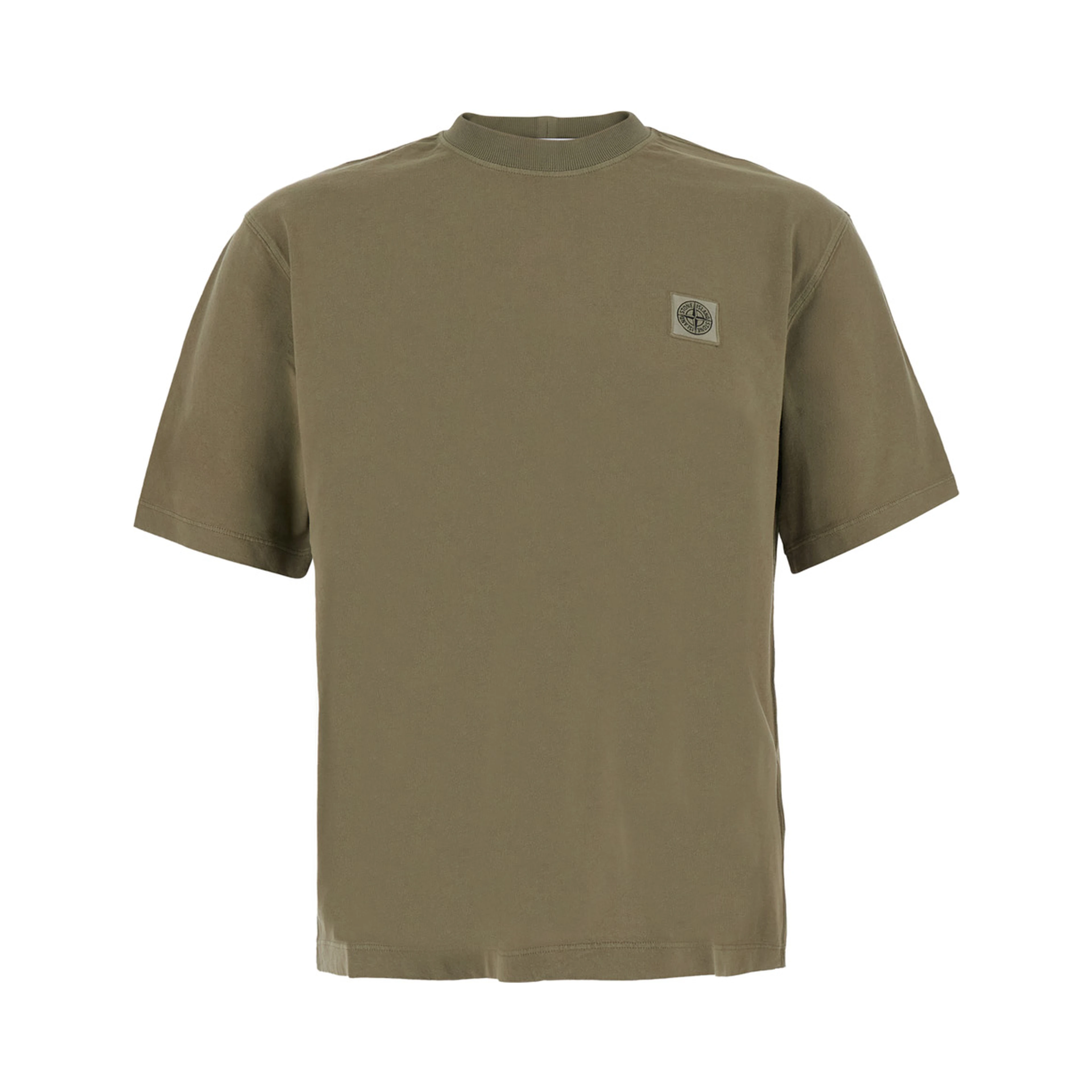 Green Crew neck T-shirt with logo patch on the front in cotton for men