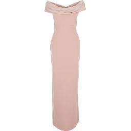 Adele Pink long dress with Off-shoulder design and Draped Neckline in Tech Fabric for women