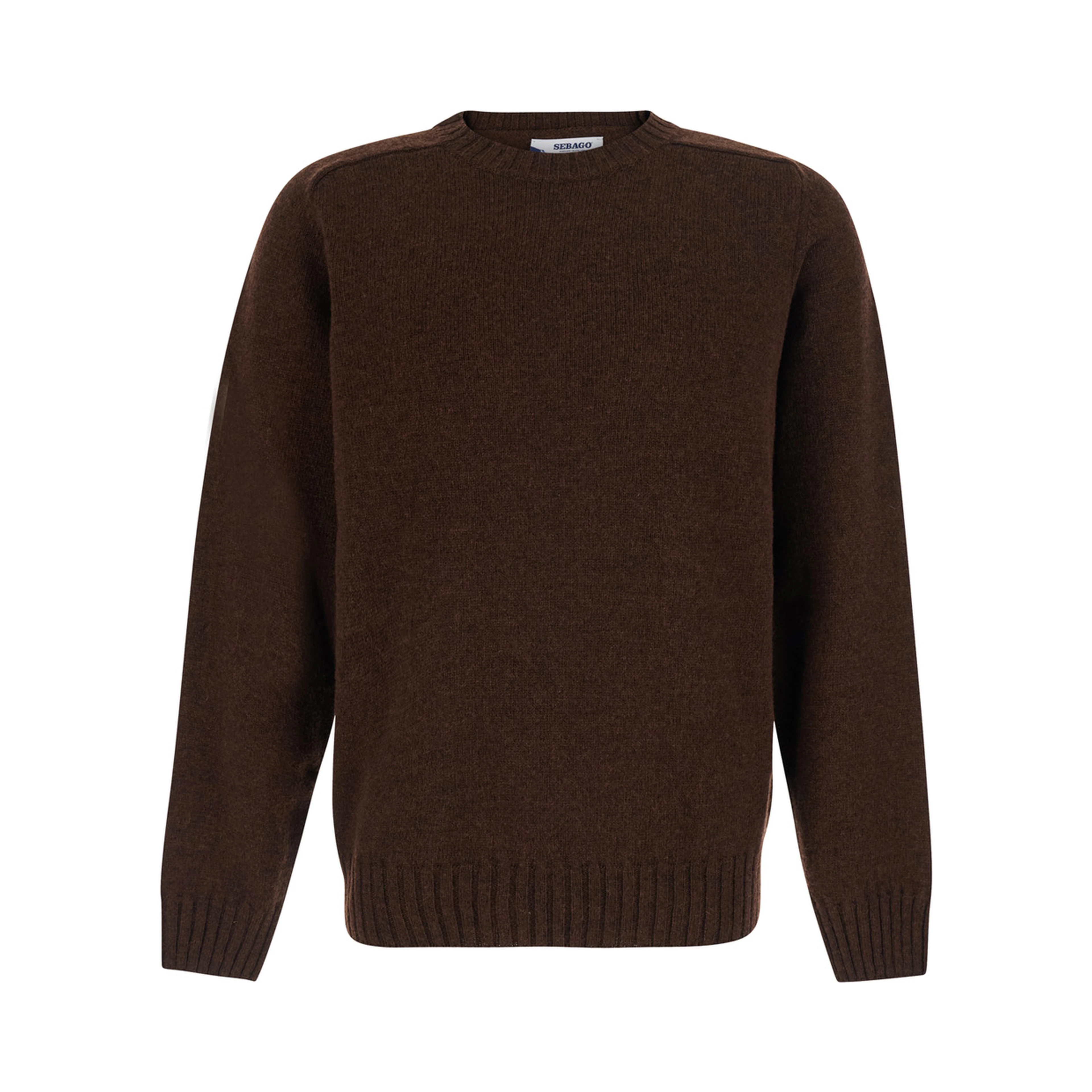 Brown crew neck sweater with ribbed trims in wool for men