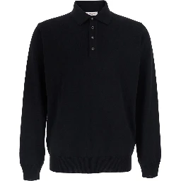 black Polo Shirt with four-button closure in merino wool for men