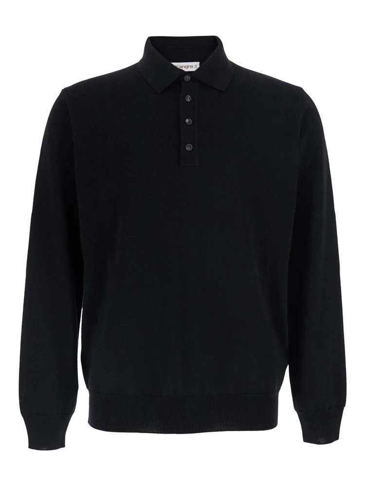 black Polo Shirt with four-button closure in merino wool for men