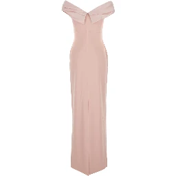 Adele Pink long dress with Off-shoulder design and Draped Neckline in Tech Fabric for women