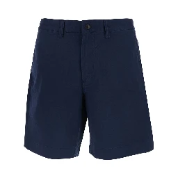 Blue Shorts with Belt Loops and Pony Embroidery on the Side in Stretch Cotton for Men