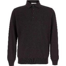 brown Polo Shirt with four-button closure in merino wool for men