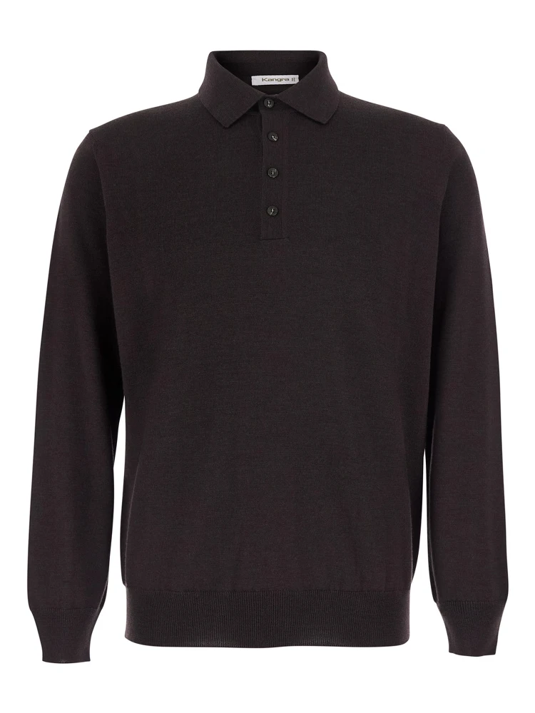 brown Polo Shirt with four-button closure in merino wool for men