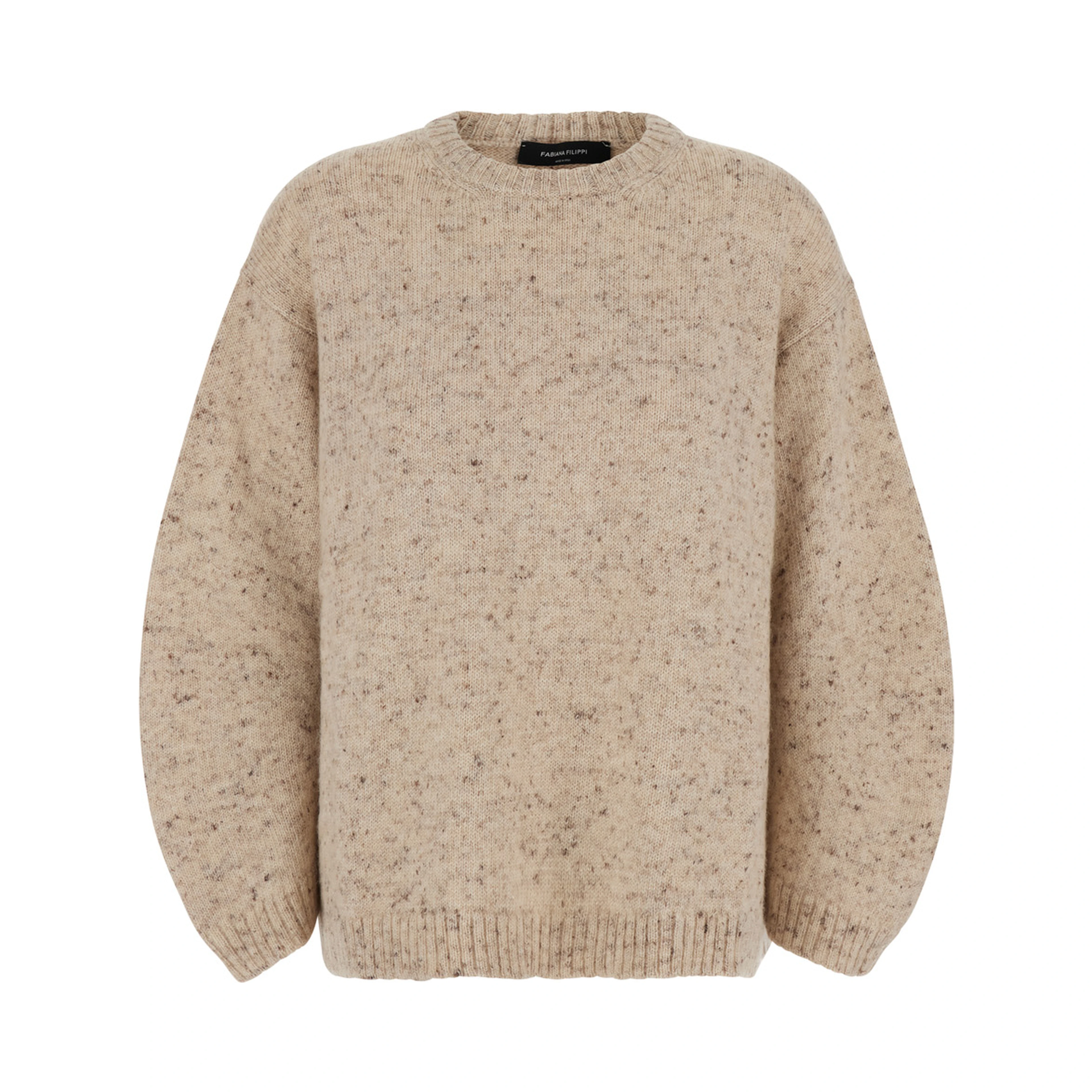 beige Sweater with round neck and all-over polka dot motif in wool blend women