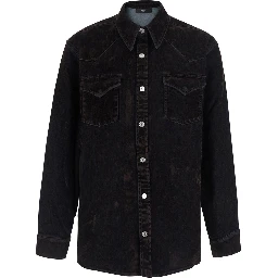Brown Shirt with classic collar and two patch pockets on the front in denim for men
