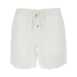 White bermuda shorts with elasticated waist and tone-on-tone Pony embroidery in linen for men