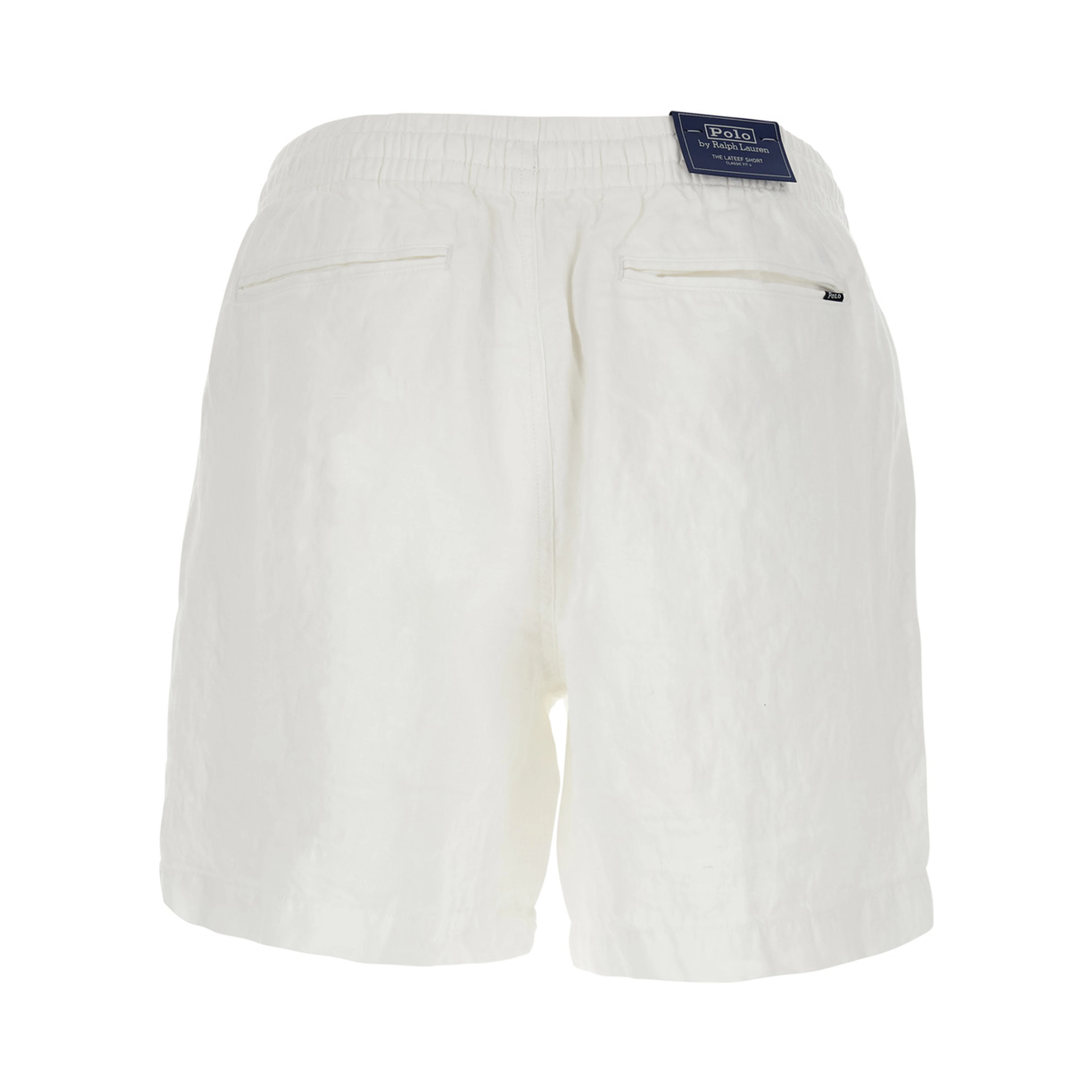 White bermuda shorts with elasticated waist and tone-on-tone Pony embroidery in linen for men