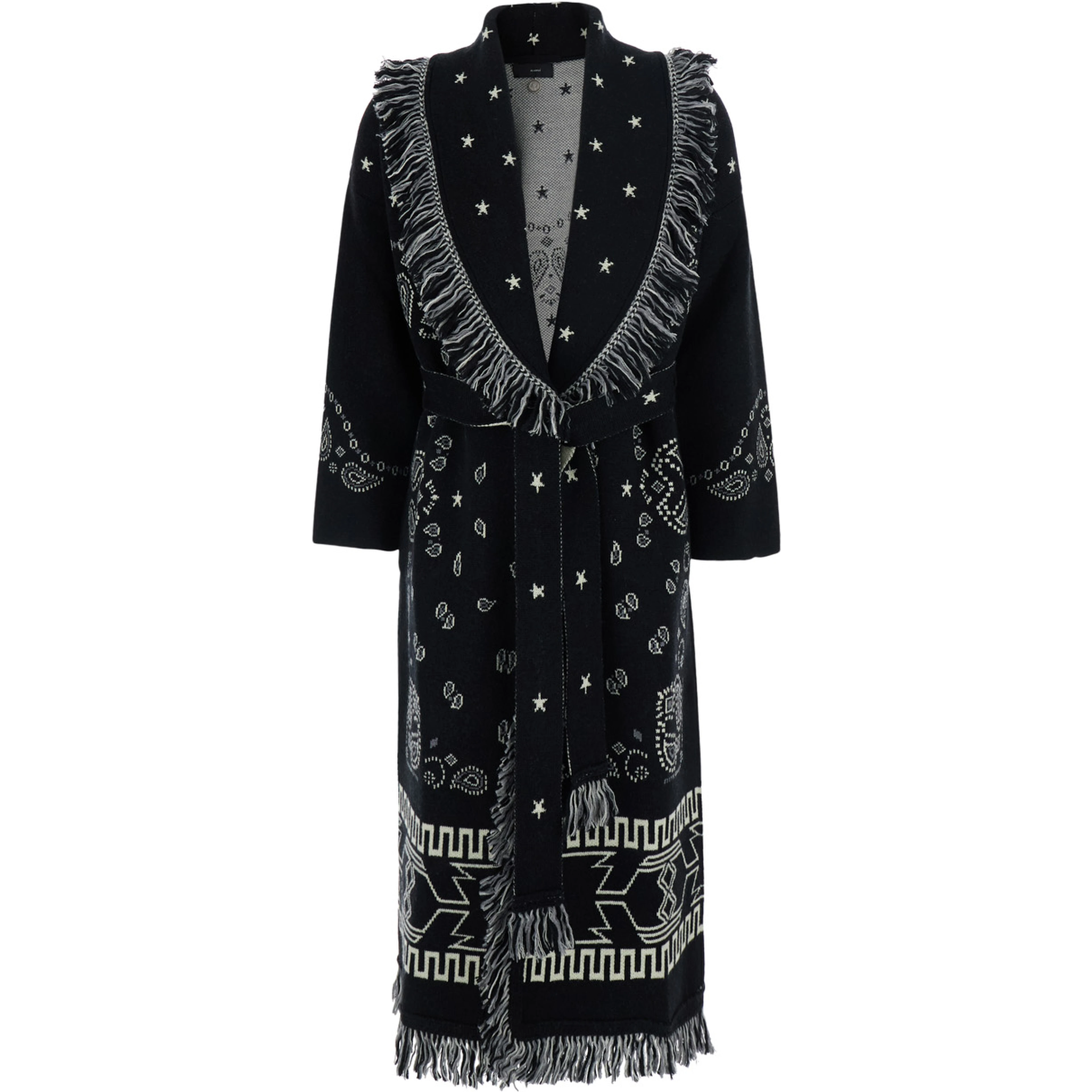 Black Dress with frayed edges and bandana motif all-over in wool Women