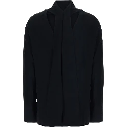 Blouse with draped collar and long sleeves in black viscose for women