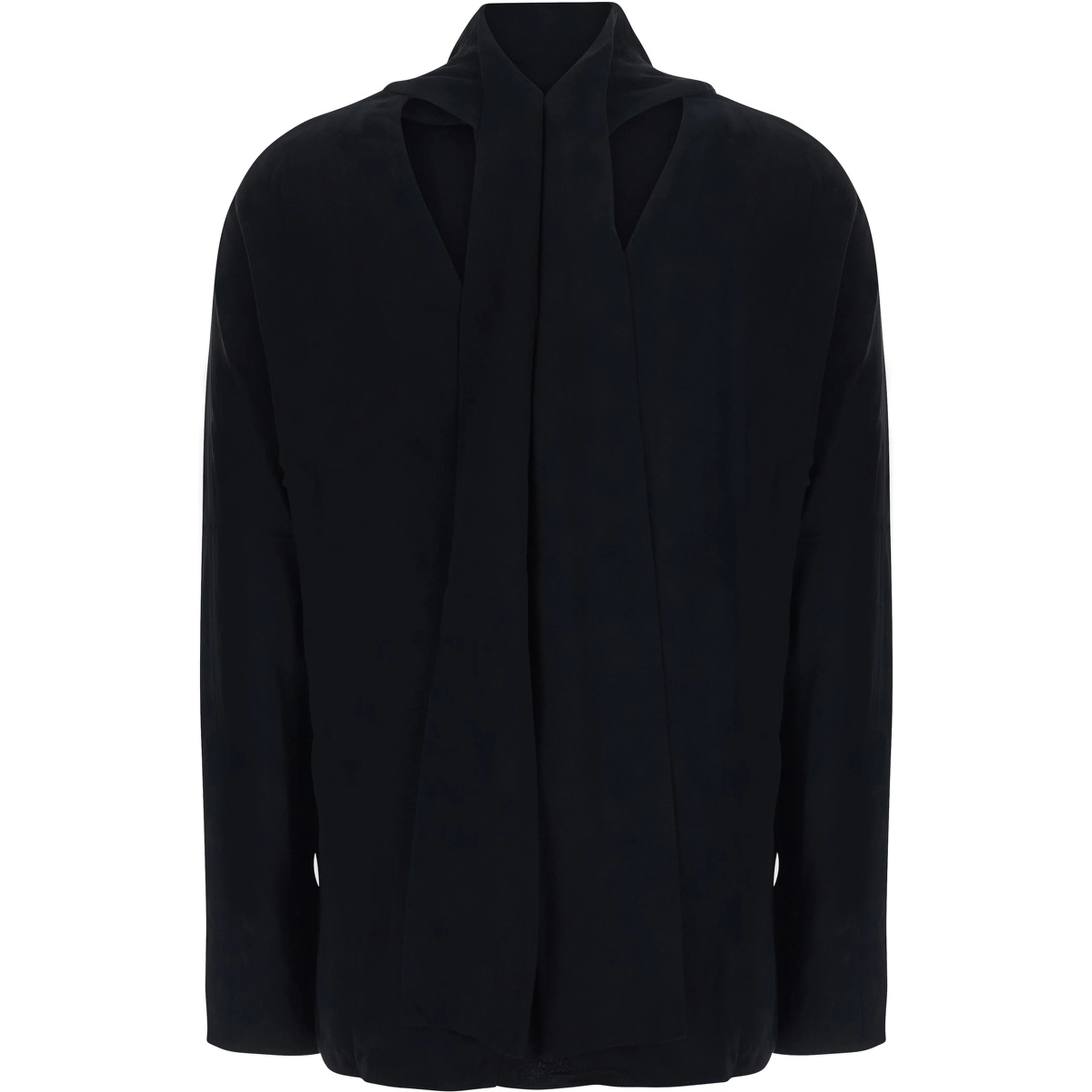 Blouse with draped collar and long sleeves in black viscose for women