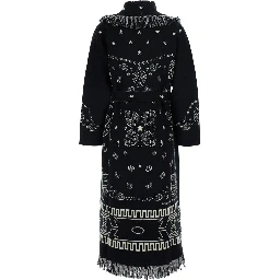 Black Dress with frayed edges and bandana motif all-over in wool Women