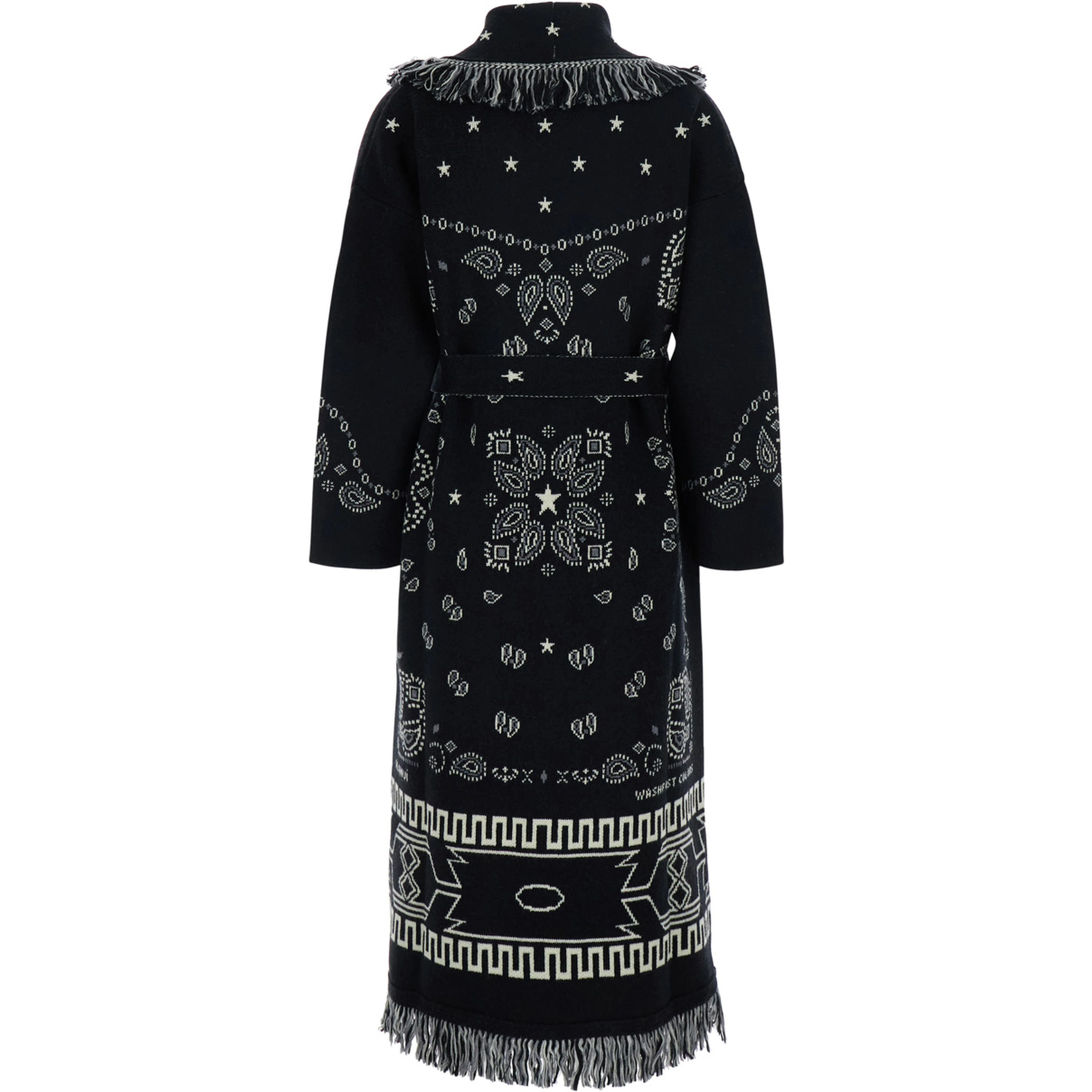 Black Dress with frayed edges and bandana motif all-over in wool Women