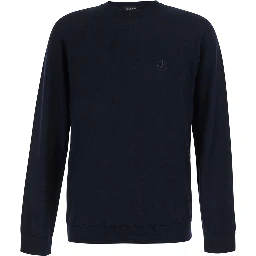 Blue Crewneck sweater with logo embroidery on the front in wool for men