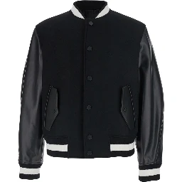 black Jacket with bi-color details and patch on the back in leather and fabric for men