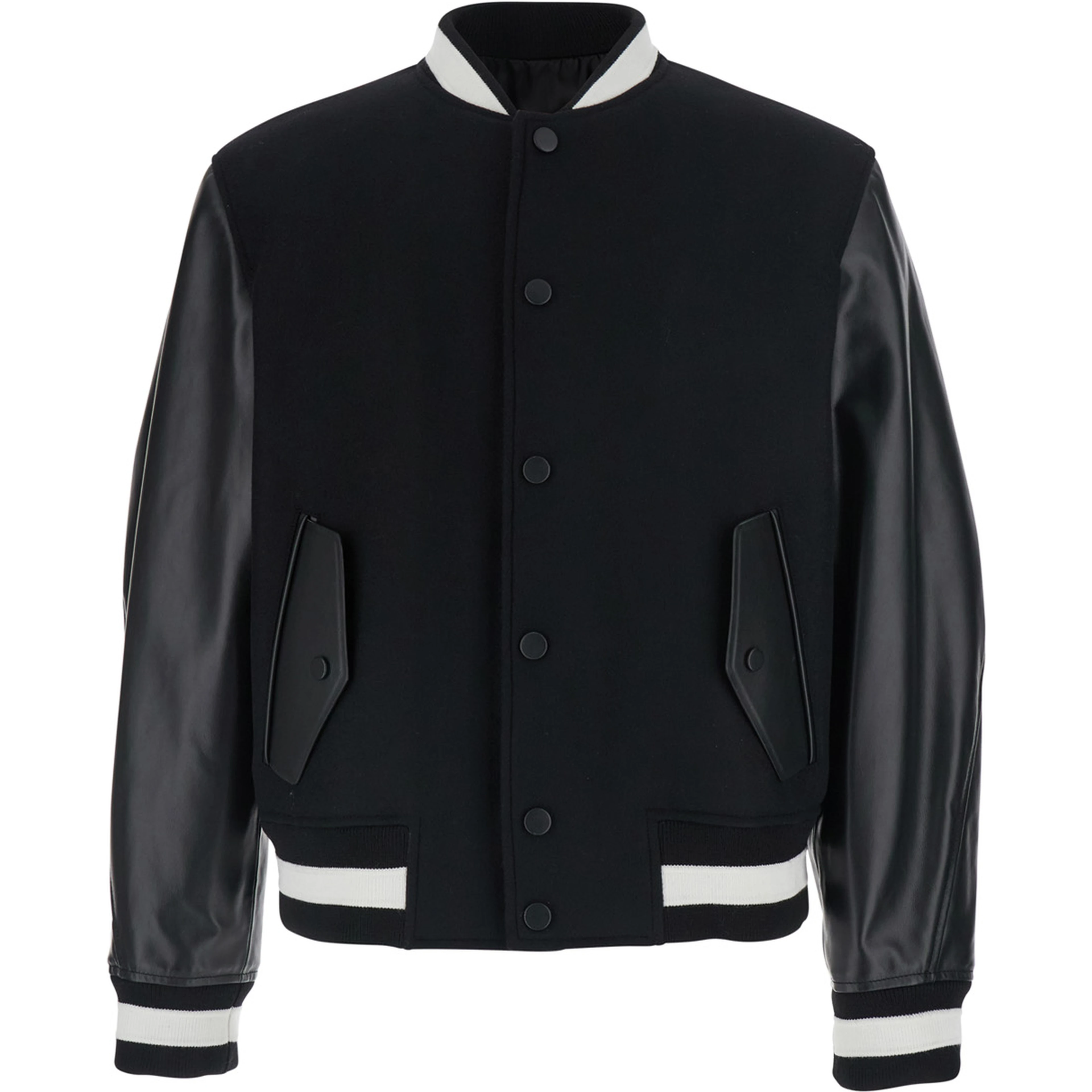 black Jacket with bi-color details and patch on the back in leather and fabric for men