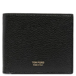 Black Leather Bi-Fold Wallet with Gold Embossed Logo for Men