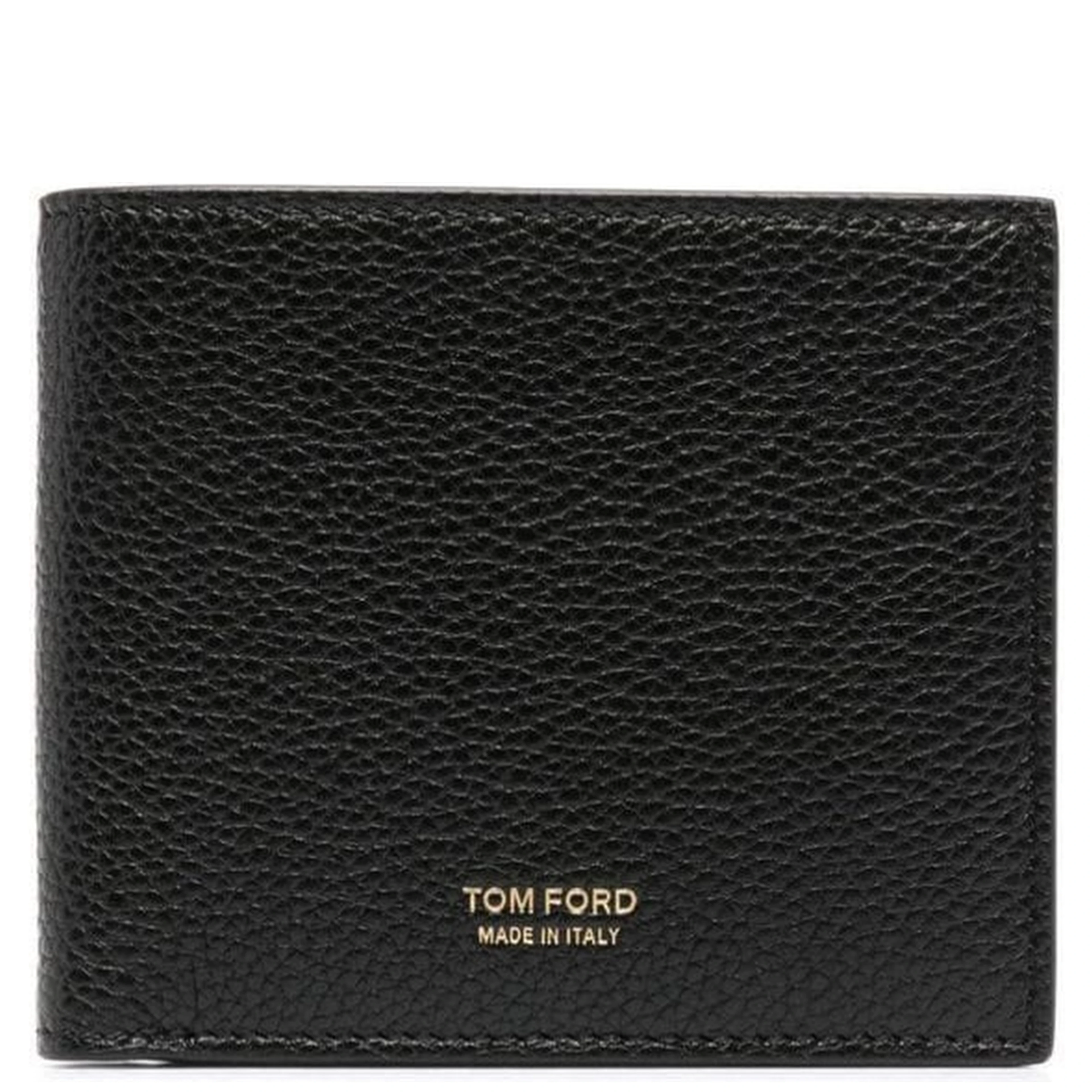 Black Leather Bi-Fold Wallet with Gold Embossed Logo for Men