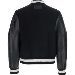 black Jacket with bi-color details and patch on the back in leather and fabric for men