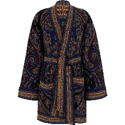 Multicolor Cardigan with belt on the front and all-over geometric embroidery in wool blend for women