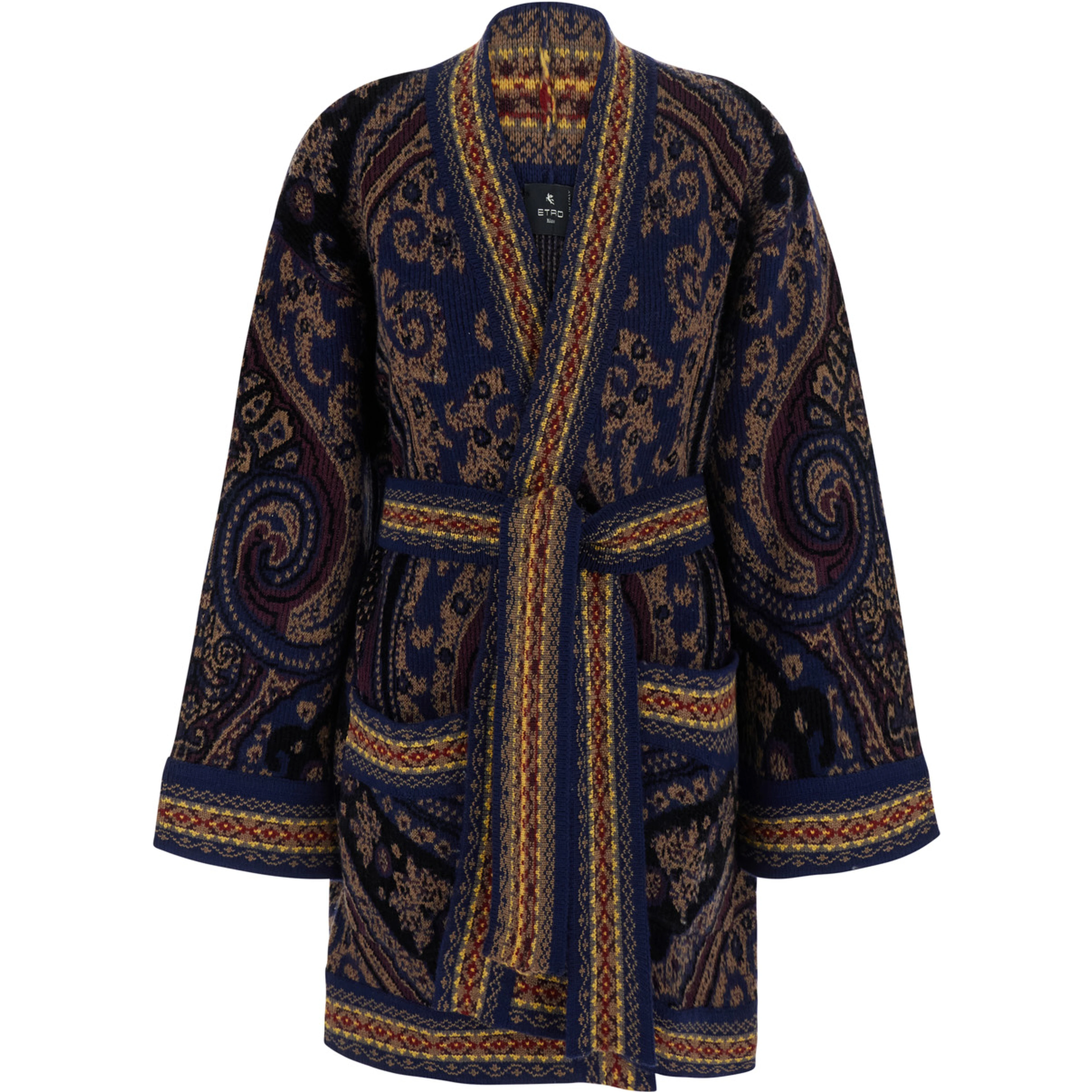 Multicolor Cardigan with belt on the front and all-over geometric embroidery in wool blend for women