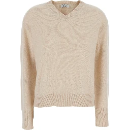 FATA beige sweater with V-neck and long sleeves in cashmere for women