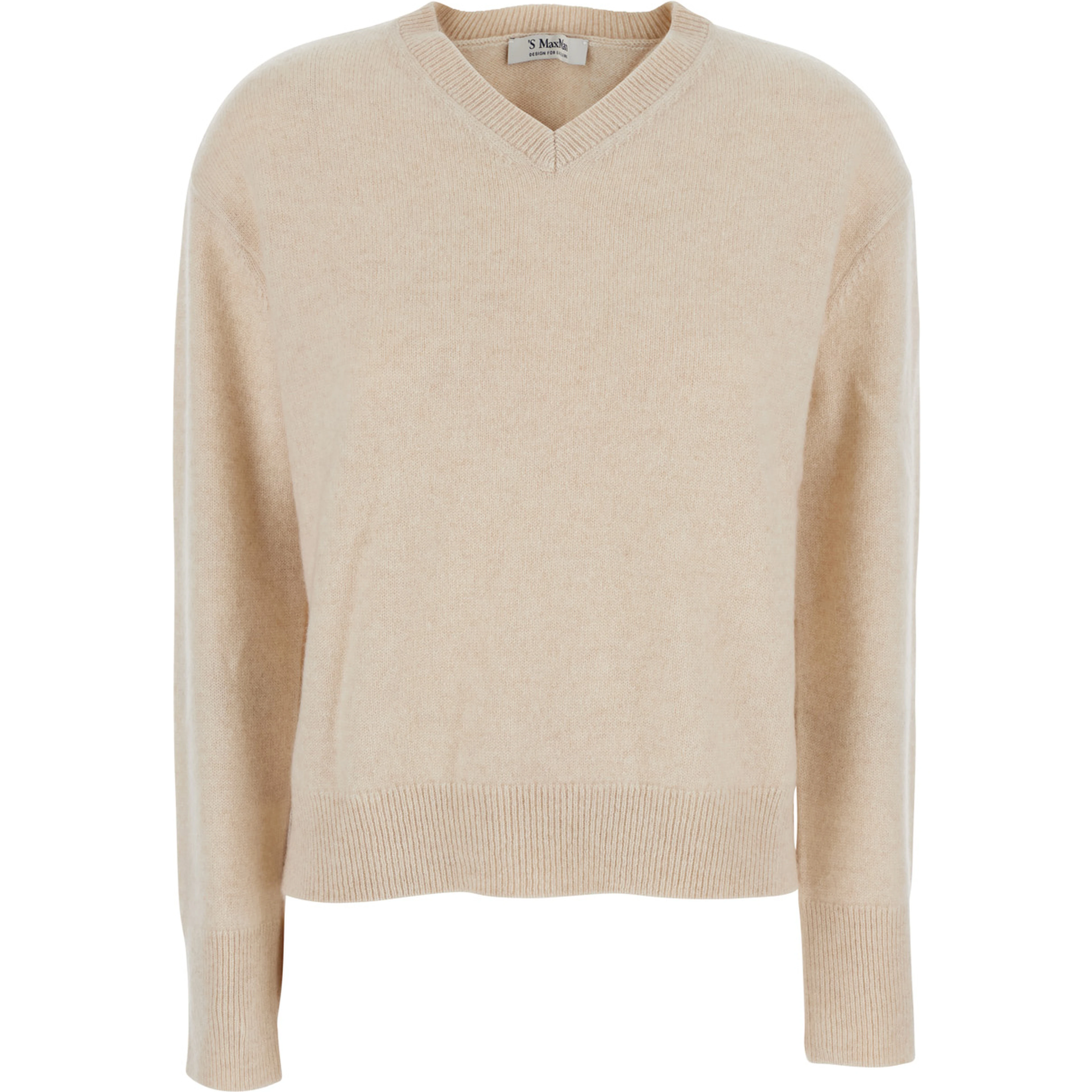FATA beige sweater with V-neck and long sleeves in cashmere for women