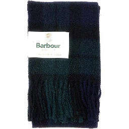 Blue Scarf with logo patch on the front and fringed hem in fabric for men