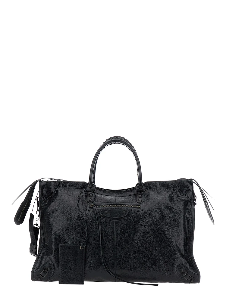Le City Travel Black Handbag with Adjustable and Removable Shoulder Strap and Front Zip Pocket in Leather for Men