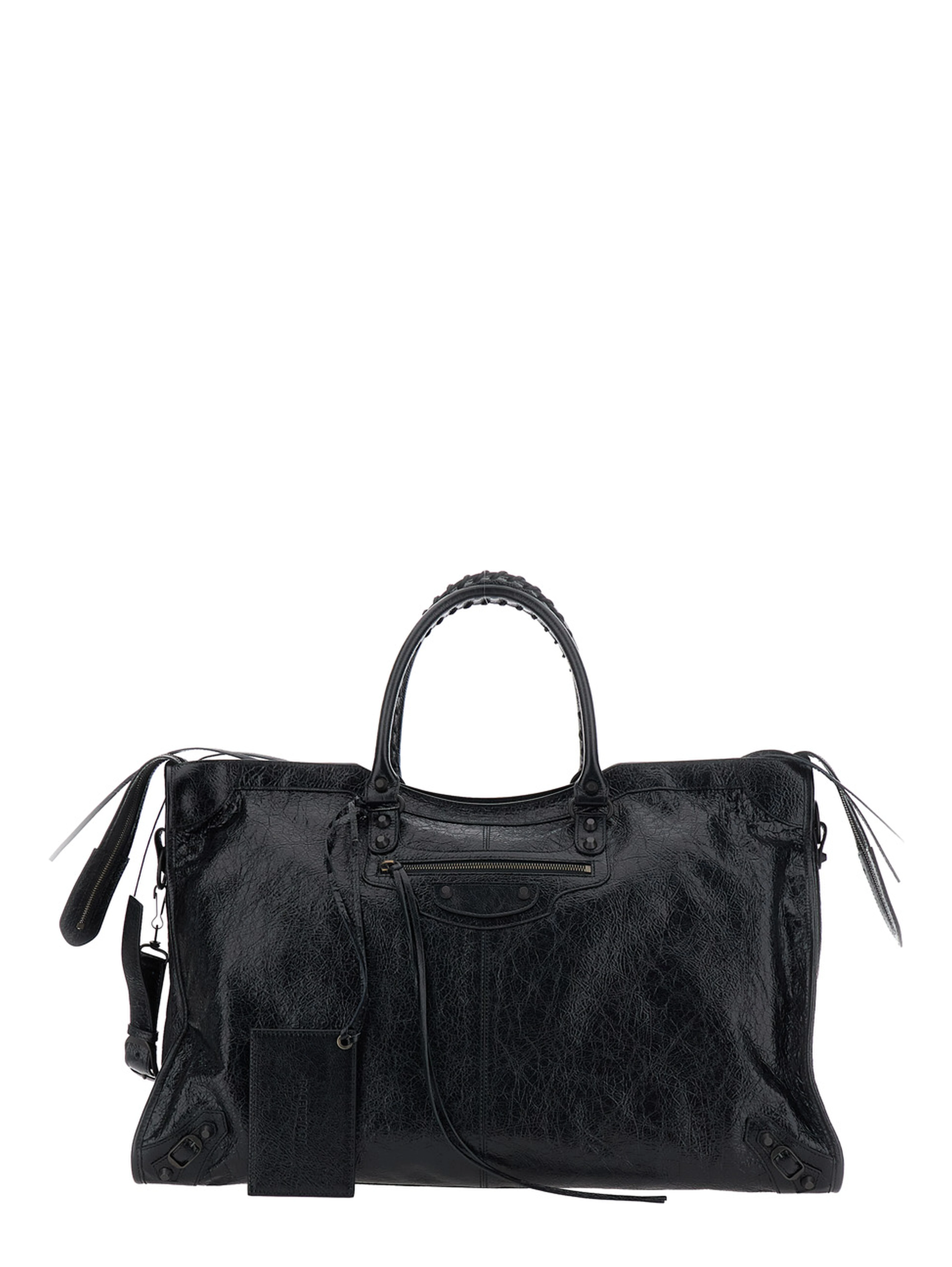 Le City Travel Black Handbag with Adjustable and Removable Shoulder Strap and Front Zip Pocket in Leather for Men
