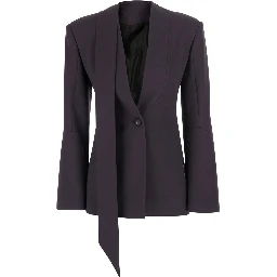 Brown single-breasted jacket with shawl lapels and ribbon on the front in wool for women