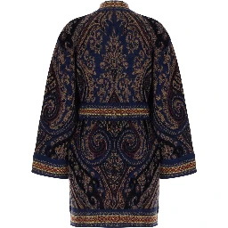 Multicolor Cardigan with belt on the front and all-over geometric embroidery in wool blend for women
