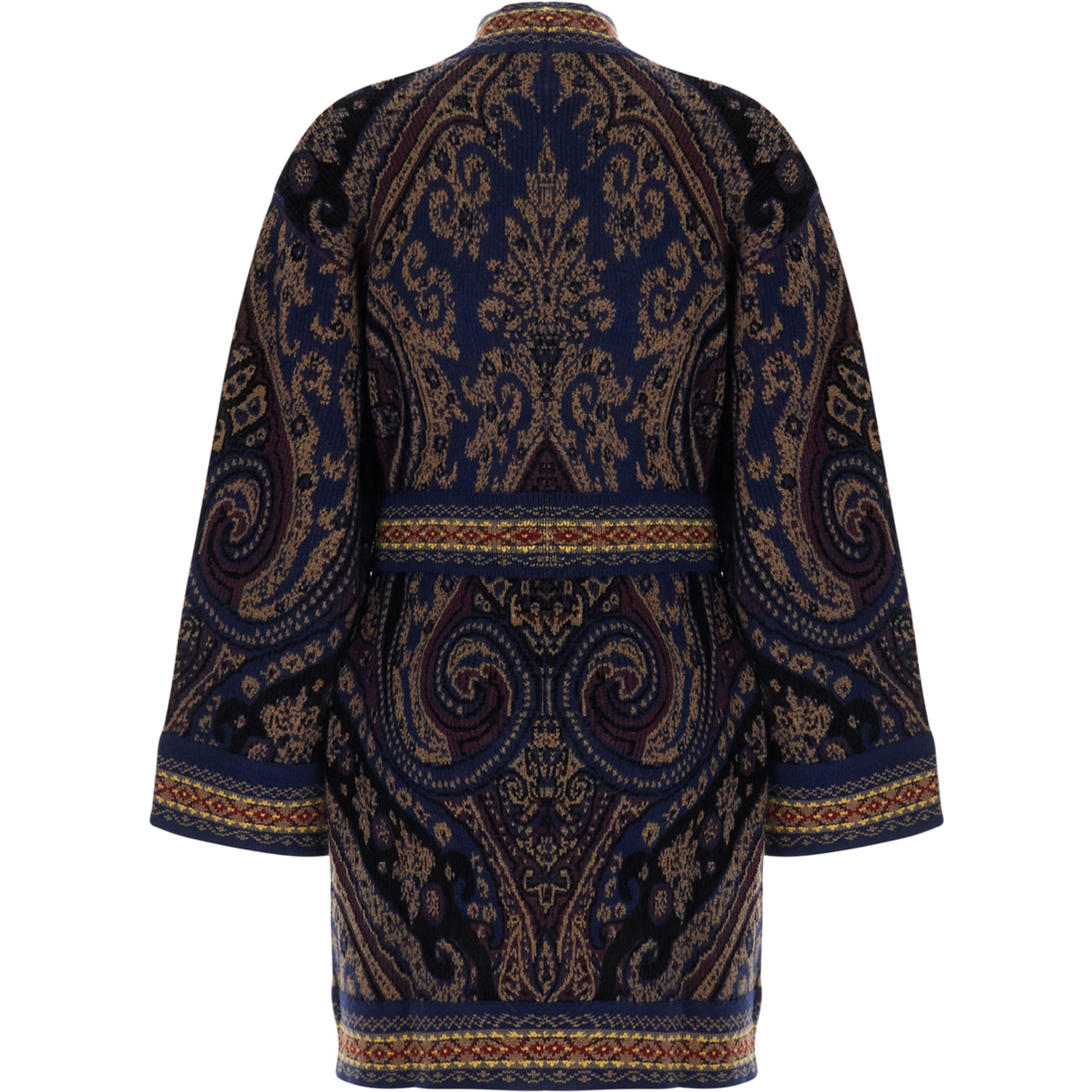 Multicolor Cardigan with belt on the front and all-over geometric embroidery in wool blend for women