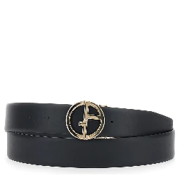 Blue reversible belt with metal logo buckle in leather men