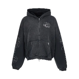 Black Hooded Sweatshirt with Maxi Print on Back and Sleeves in Cotton for Men