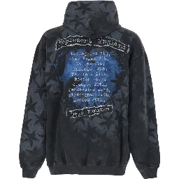 Romance Black Hoodie with Fixed Hood and Maxi Print on Front and Back in Cotton for Men