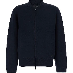 Blue Cardigan with logo embroidery on the front in wool for men
