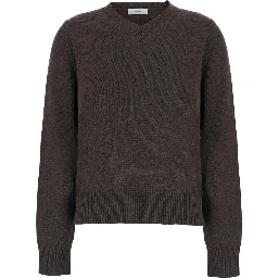 WOOL CASHMERE PULL with round neck and long sleeves in Wool and Cashmere Brown Unisex