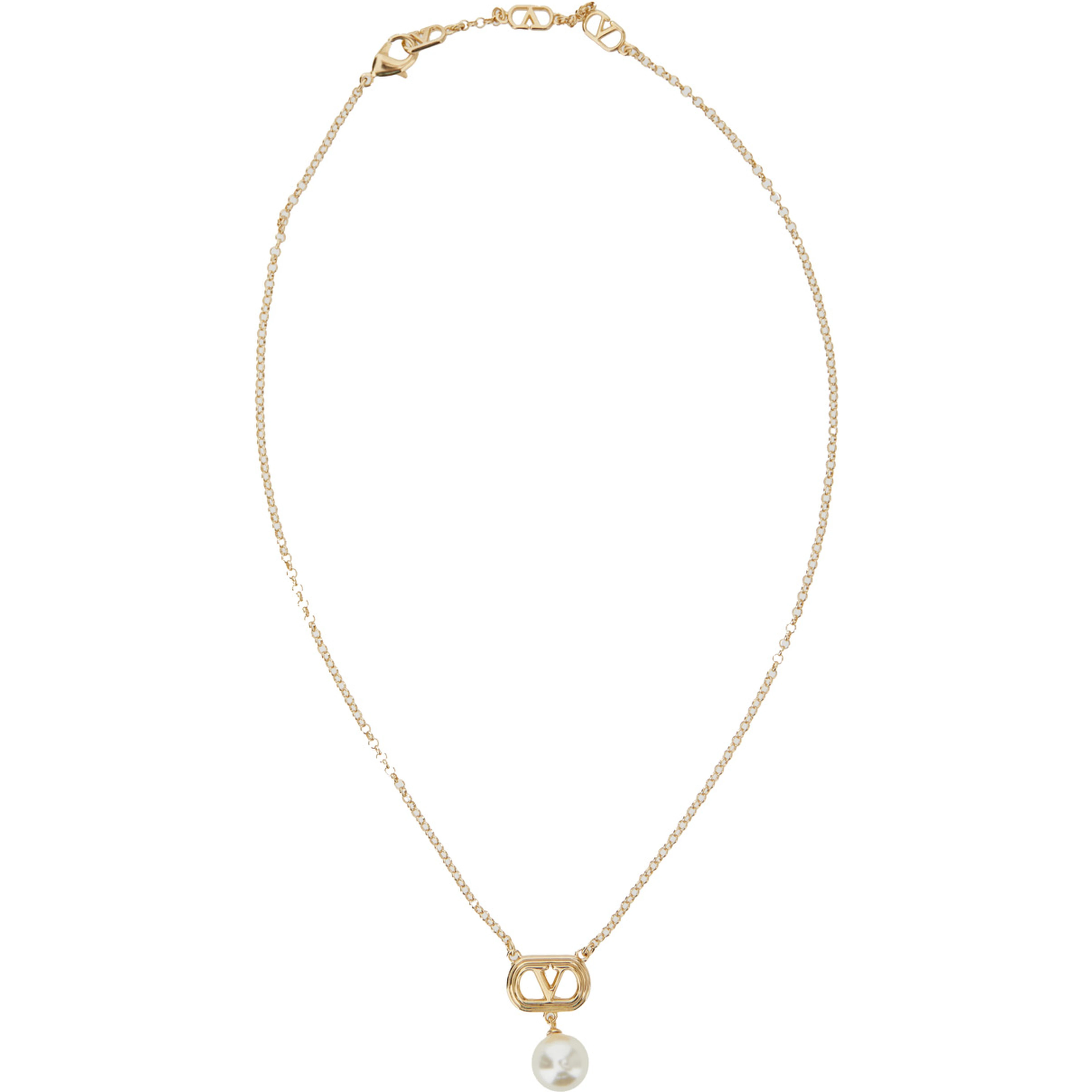 Chain Necklace with VLogo Charm and Metallic Pearl for Women