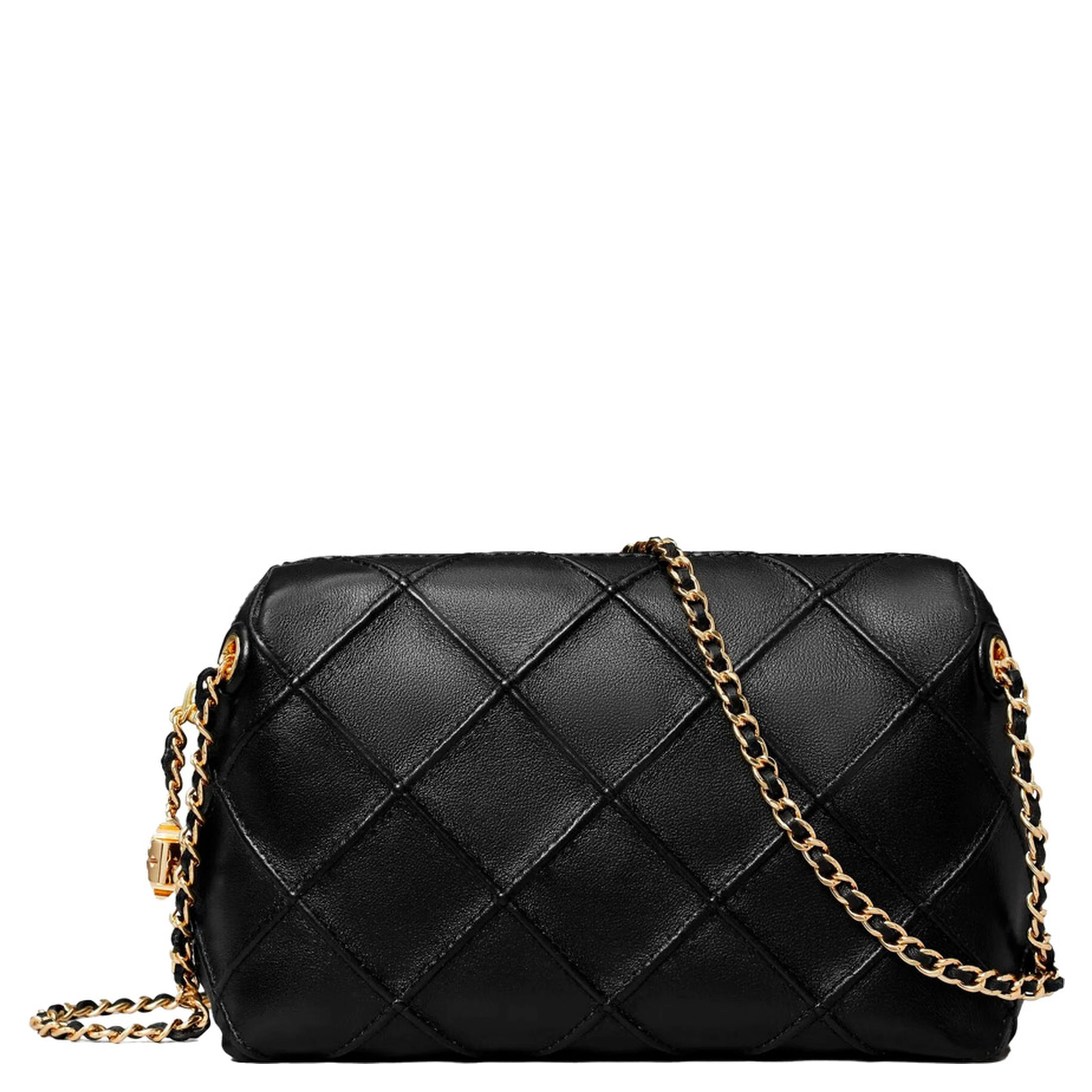 Shoulder Bag Fleming with Chain Strap and Diamond Quilting in Black Leather for Women