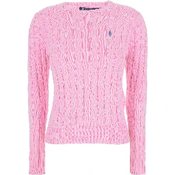 Crewneck Sweater with Pony Embroidery on the Front and Cable Knit in Pink for Women
