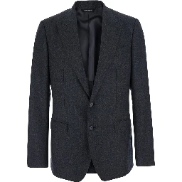 Grey Single-breasted Jacket with Notched Revers in Wool Blend for Men