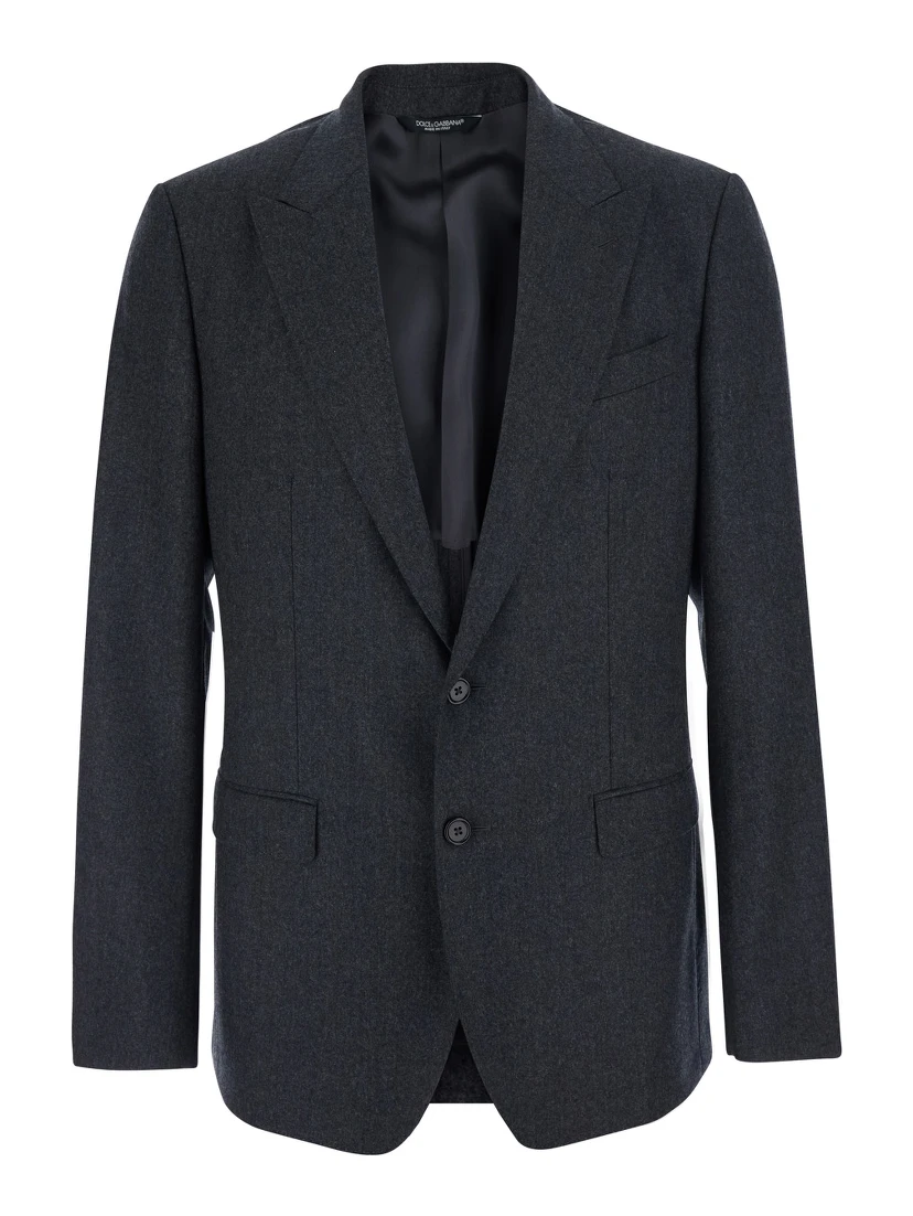 Grey Single-breasted Jacket with Notched Revers in Wool Blend for Men