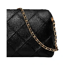 Shoulder Bag Fleming with Chain Strap and Diamond Quilting in Black Leather for Women