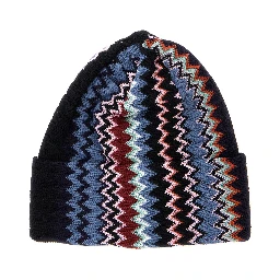 Multicolor beanie with turn-up brim ZigZag motif in wool blend for women