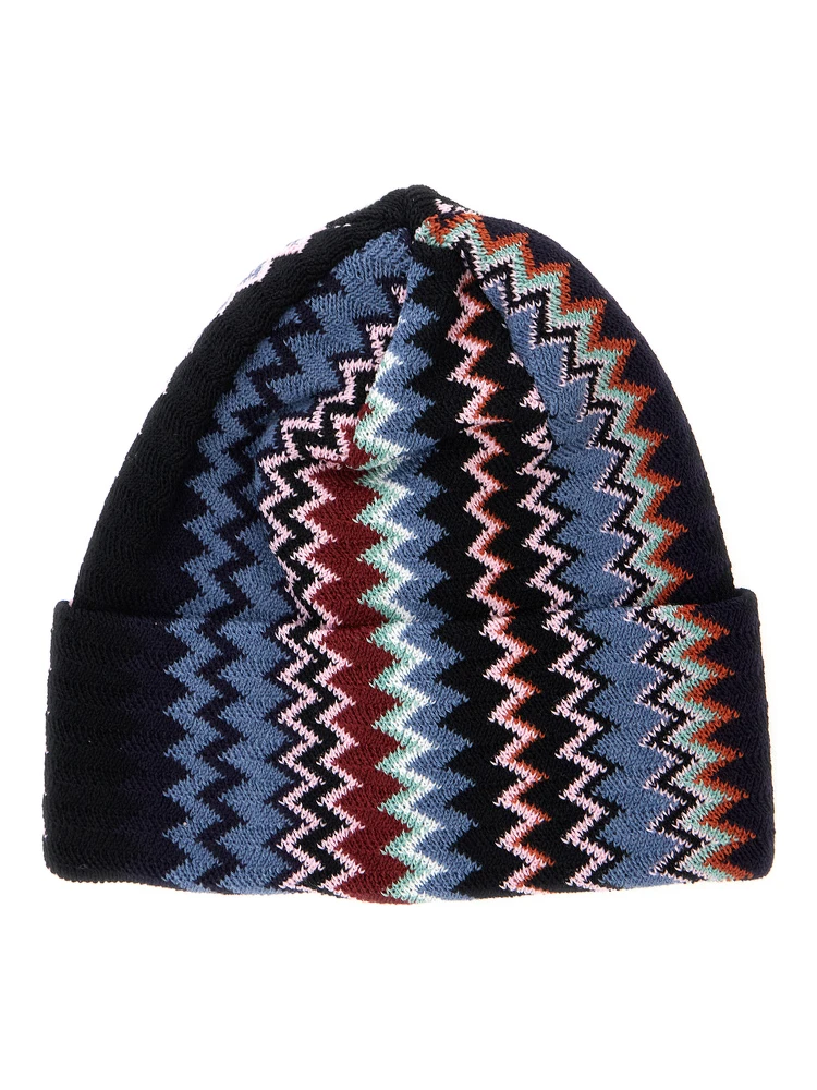 Multicolor beanie with turn-up brim ZigZag motif in wool blend for women
