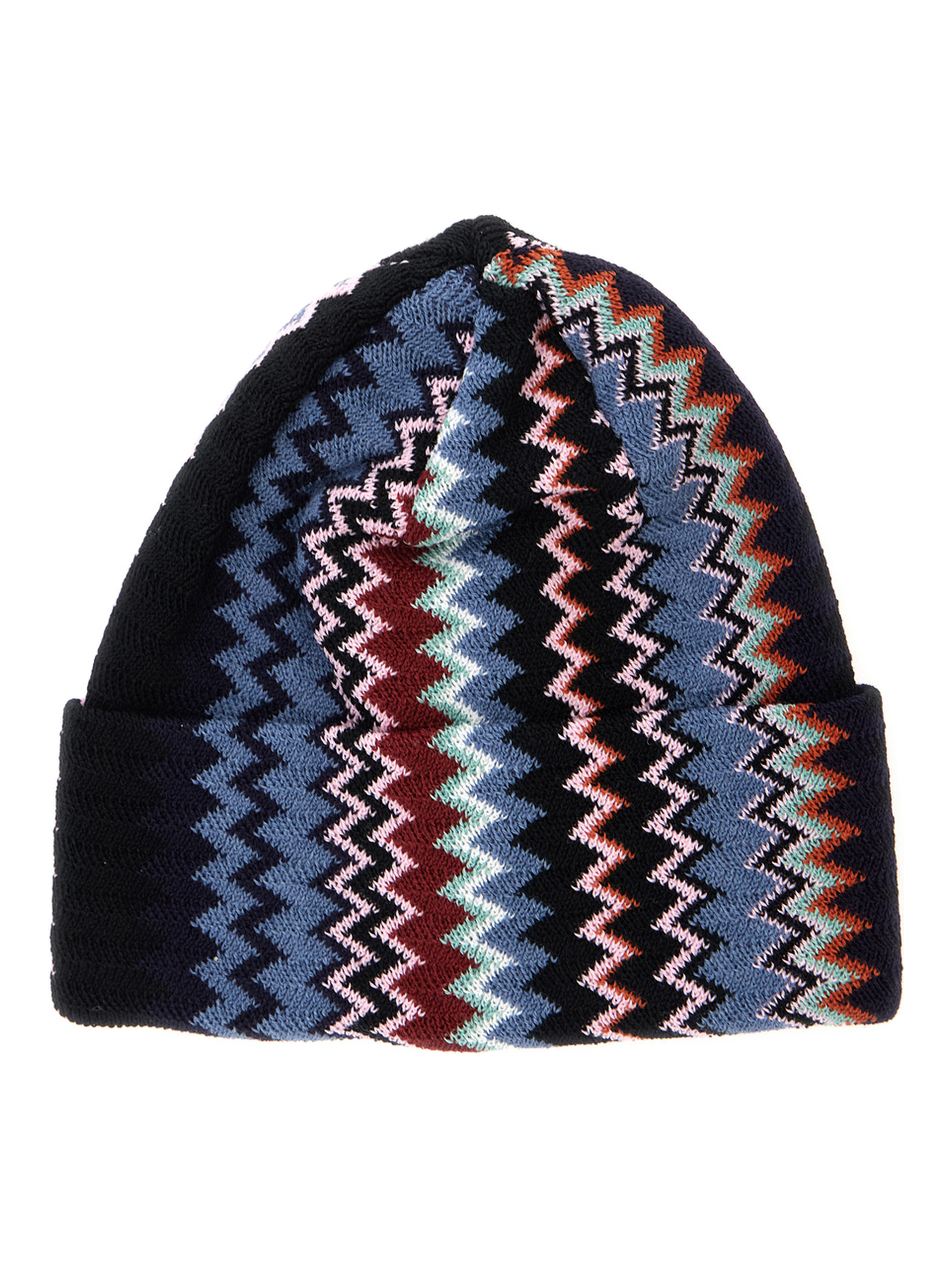 Multicolor beanie with turn-up brim ZigZag motif in wool blend for women