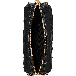 Shoulder Bag Fleming with Chain Strap and Diamond Quilting in Black Leather for Women